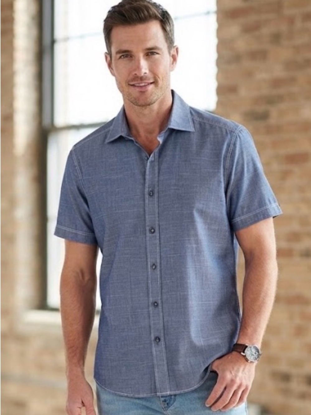 James Campbell Short Sleeve Button-Down Shirt in Chambray Blue